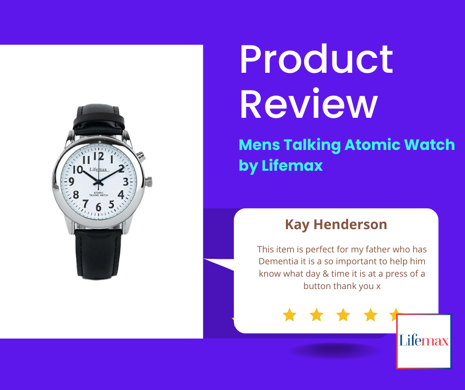This is an image of a product review for Mens Talking Atomic watch by Lifemax