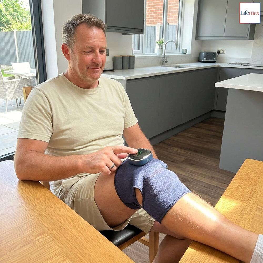 A middle aged man using the Lifemax 3 in 1 Heated Vibration Massager on his knee to treat a sports injury