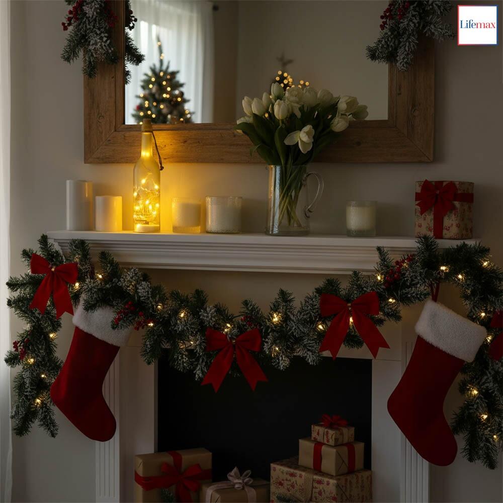 Lifemax Sparkling LED Christmas Wine Bottle Decoration on a Christmas mantle piece