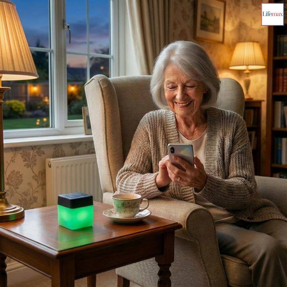 An older lady relaxing to music on a Lifemax mood light bluetooth speaker illuminated green