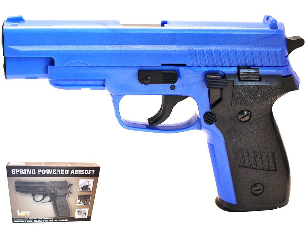 HFC HA 116 BB pellet gun spring airsoft Sig Sauer P228 pistol replica blue and black colours left side view with retail packaging on white background