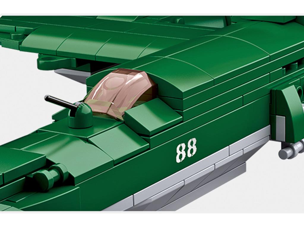 Interlocking block toy aircraft WW2 Allied forces dive bomber airplane green grey colours rear side detail view