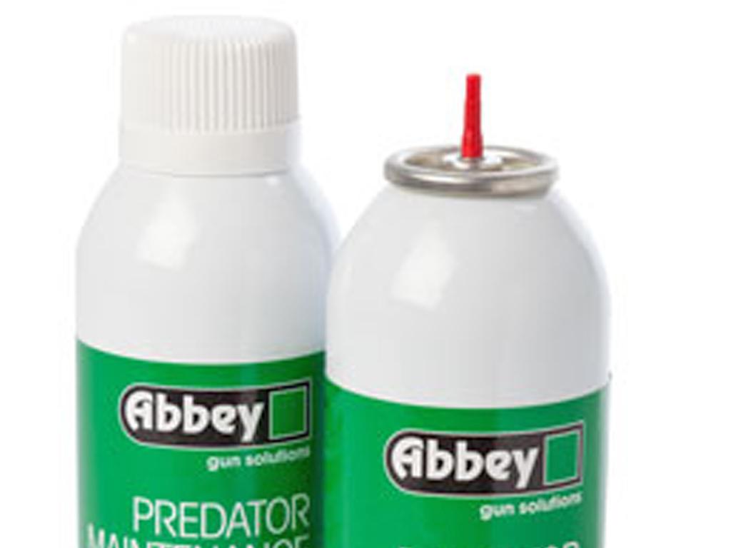 Abbey Predator Airsoft gun Maintenance Gas 144A 270ml Refill Tin front view nozzle close up
