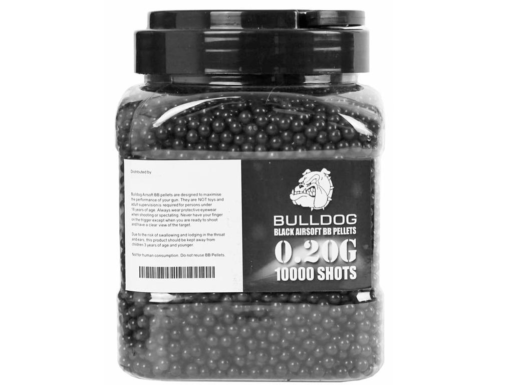 Bulldog Airsoft 10000 x 20g 6mm black colour BB gun plastic pellets in retail tub packaging