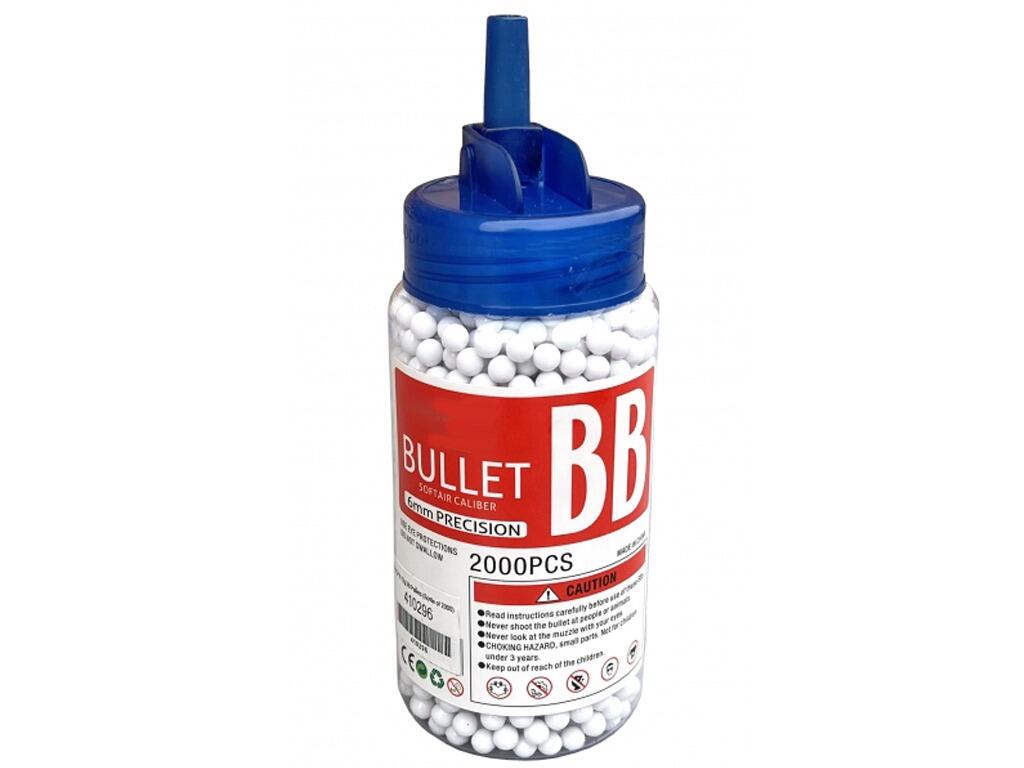 Bigfoot Airsoft 2000 x 12g 6mm white plastic bb gun pellets in retail tub packaging front view open feeder