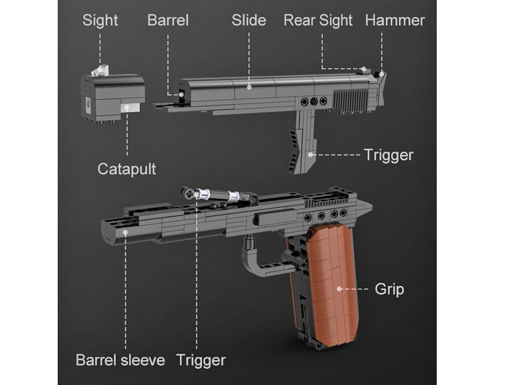 Interlocking block toy M1911 pistol pretend weapon left view black tan colours product features information black background