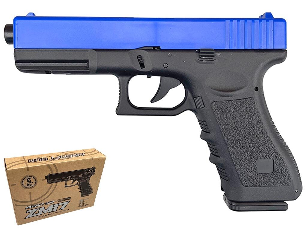 ZM17 Glock G17 replica airsoft bb gun black main body blue top slide left side view with retail packaging on white background