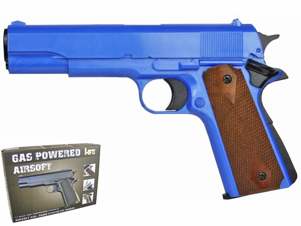 HG 121 gas BB pellet gun Colt 1911 pistol airsoft replica blue main body and slide left side view with retail packaging on white background