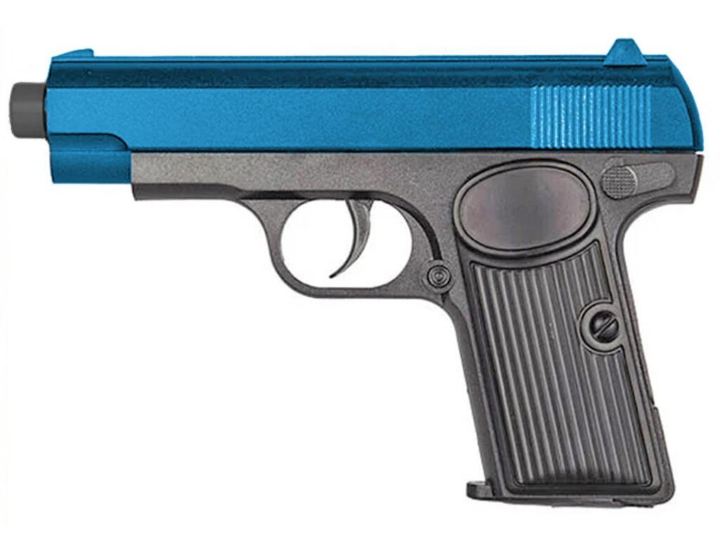 Soviet era Russian TT33 Tokarev pistol replica V308 bb pellet gun black main body blue top slide left side view on white background