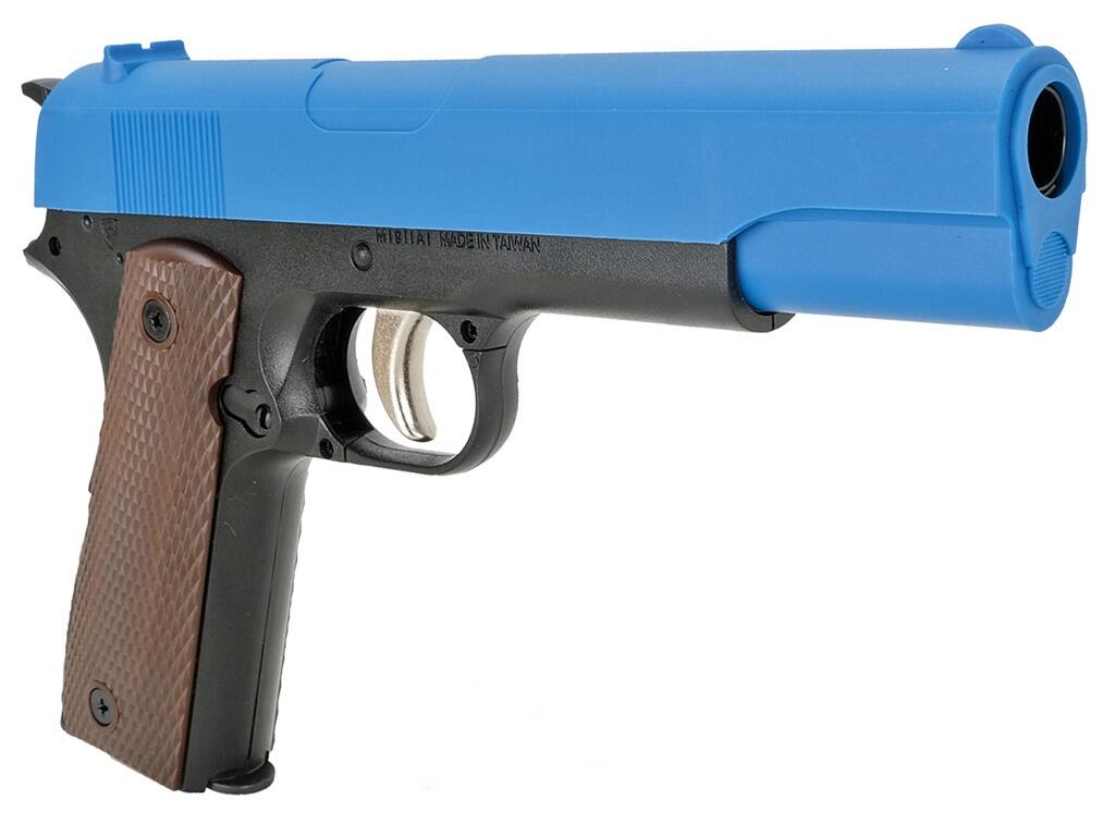 Colt 1911 pistol replica spring airsoft bb pellet gun black body blue top slide right side and front view on white background