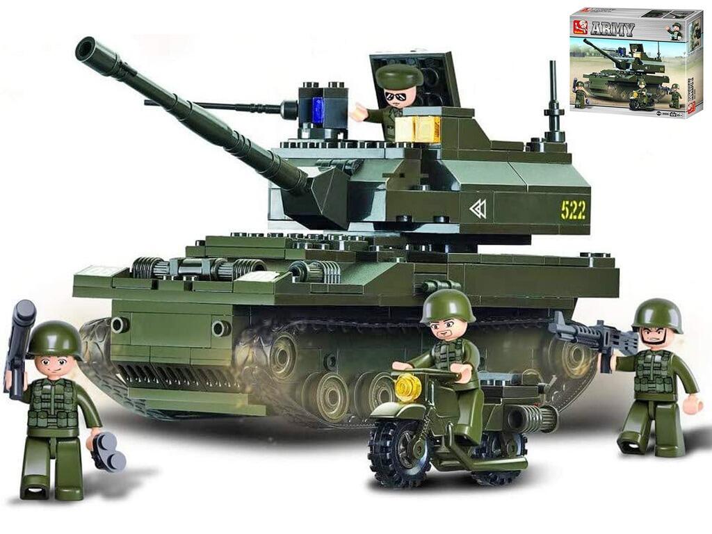 Interlocking block toy army light tank military vehicle OD green with play soldier figures front and left side view with retail packaging on white back ground