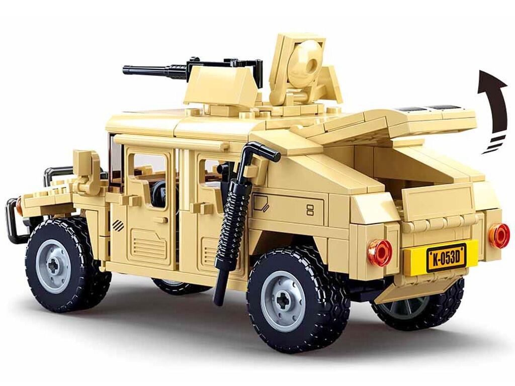 Interlocking block toy lego army hummer US military vehicle desert tan colours back and left side view with rear door open on white background