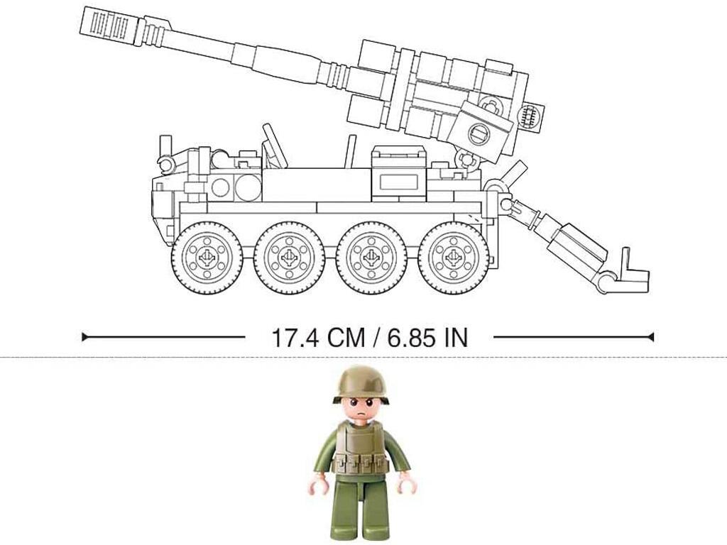 Interlocking block toy lego army mobile artillery gun military truck let side outline view with dimensions and play soldier figure on white background