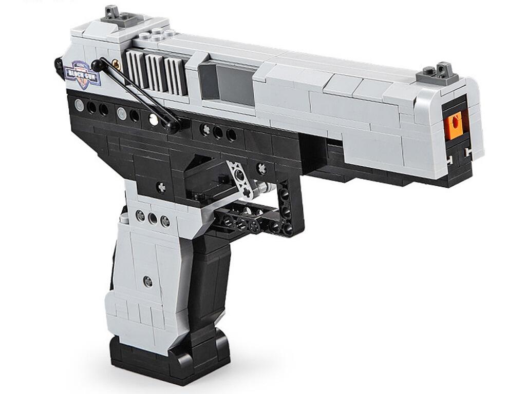 Interlocking block lego toy gun MK23 pistol pretend weapon black and grey colours front top and right side view on white background