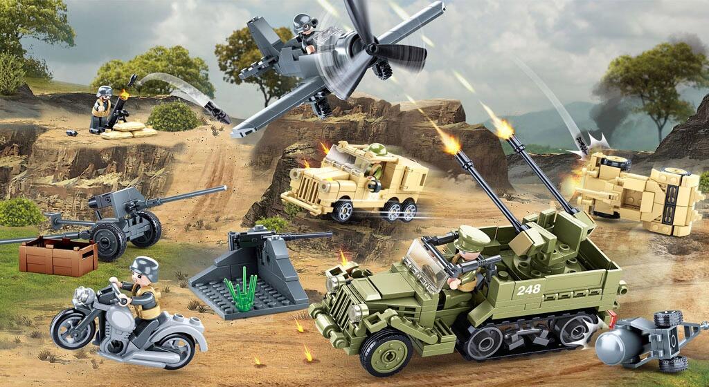 Interlocking block toy lego army ww2 military vehicle set OD green grey and desert tan colours with play combat accessories battle zone background