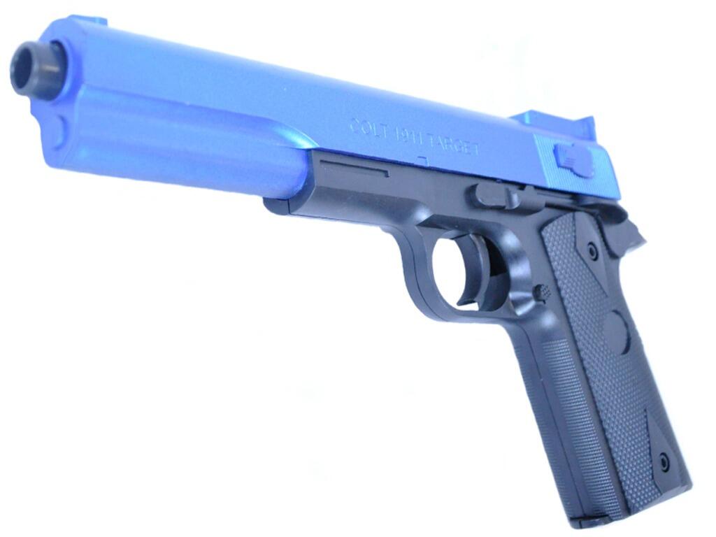 2123-A1 1911 long airsoft bb pellet gun black main body blue top slide front and left underside view on white background