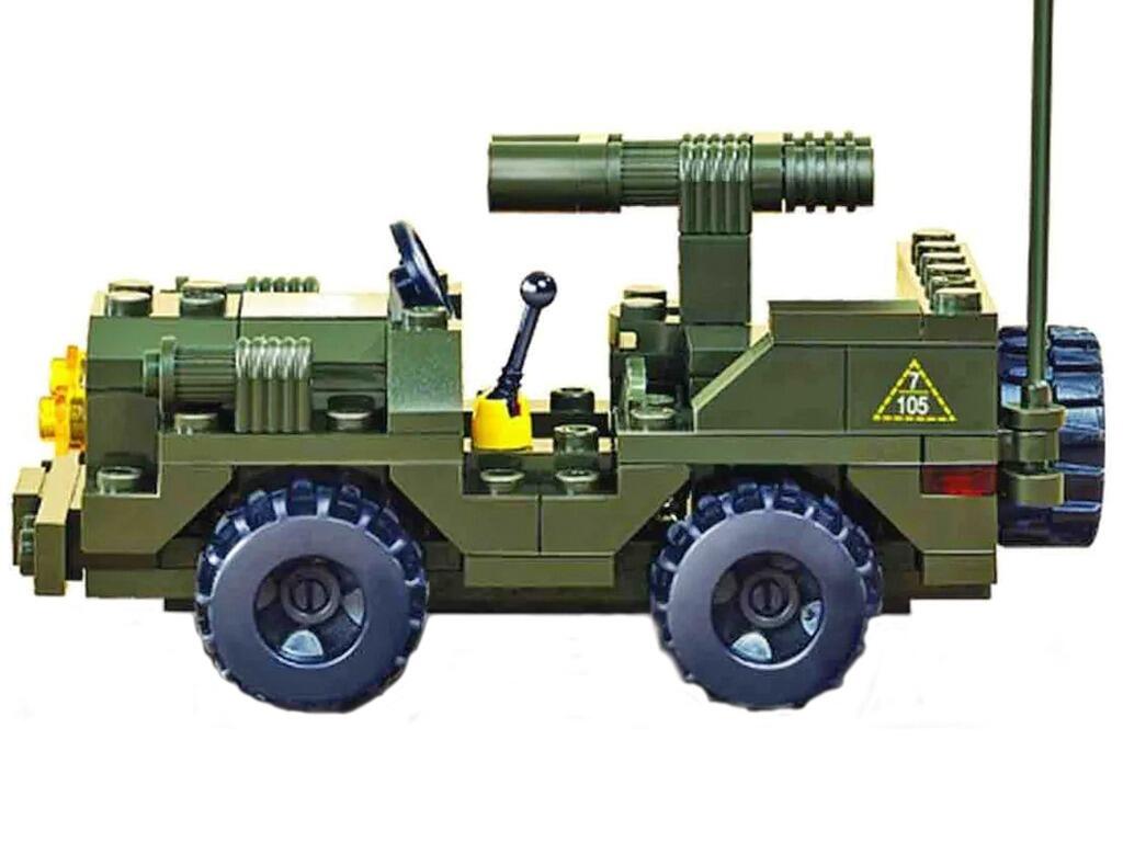 Interlocking block toy lego army jeep military vehicle OD green colours left side view on white background
