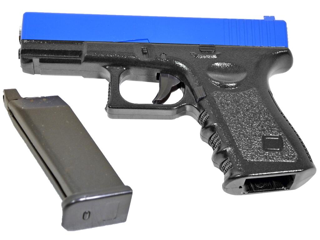 Galaxy G15 bb pellet gun Glock G23 spring airsoft pistol replica black main body blue top slide left underside view with magazine clip out of gun on white background