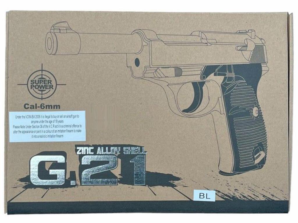 Galaxy G21 BB pellet gun German military Walter P38 spring airsoft pistol retail box packaging front view