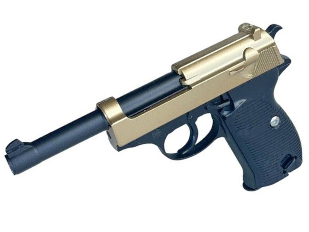 Galaxy G21 BB pellet gun German military Walter P38 spring airsoft pistol replica black main body gold slide top and left side view on white background