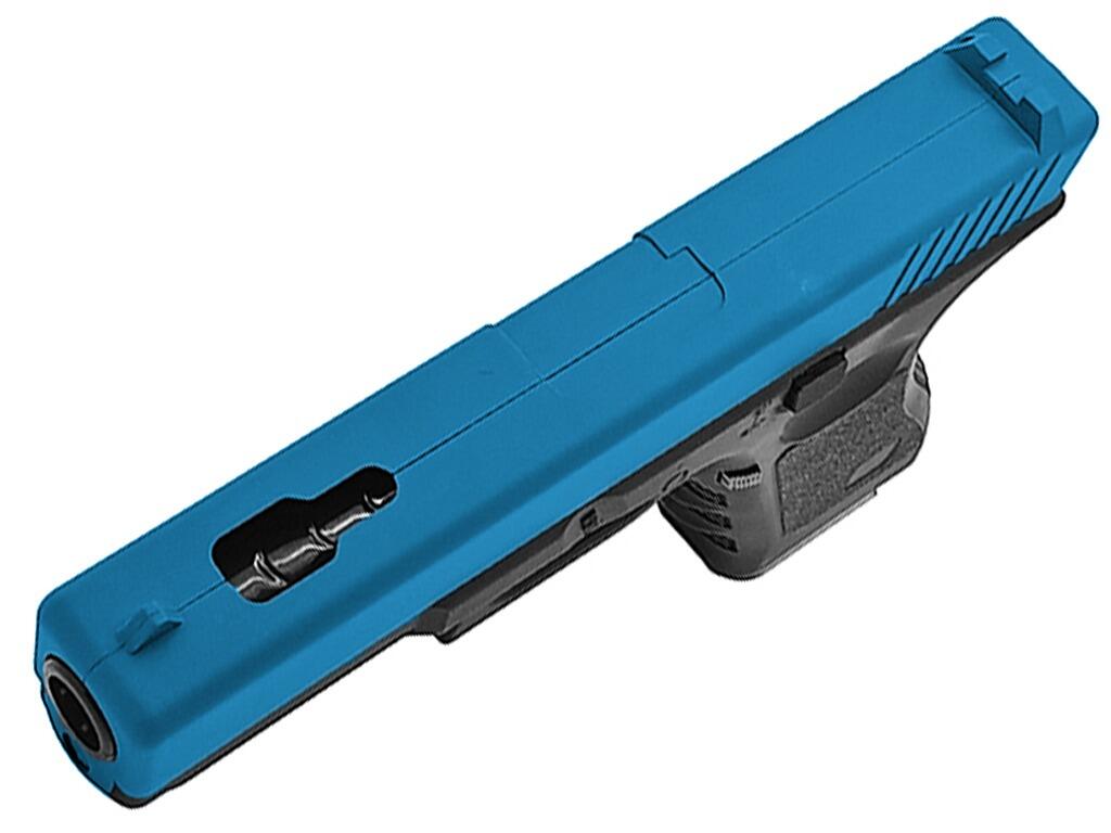 Vigor V20 BB pellet gun Glock G17 replica spring airsoft pistol black main body blue top slide top and left side view on white background