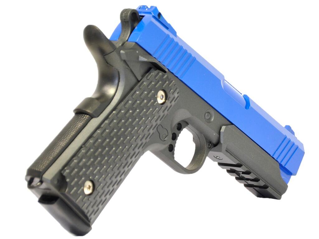 Galaxy G25 BB pellet gun spring airsoft Kimber tactical 1911 pistol replica black main body blue top slide rear right and underside view on white background
