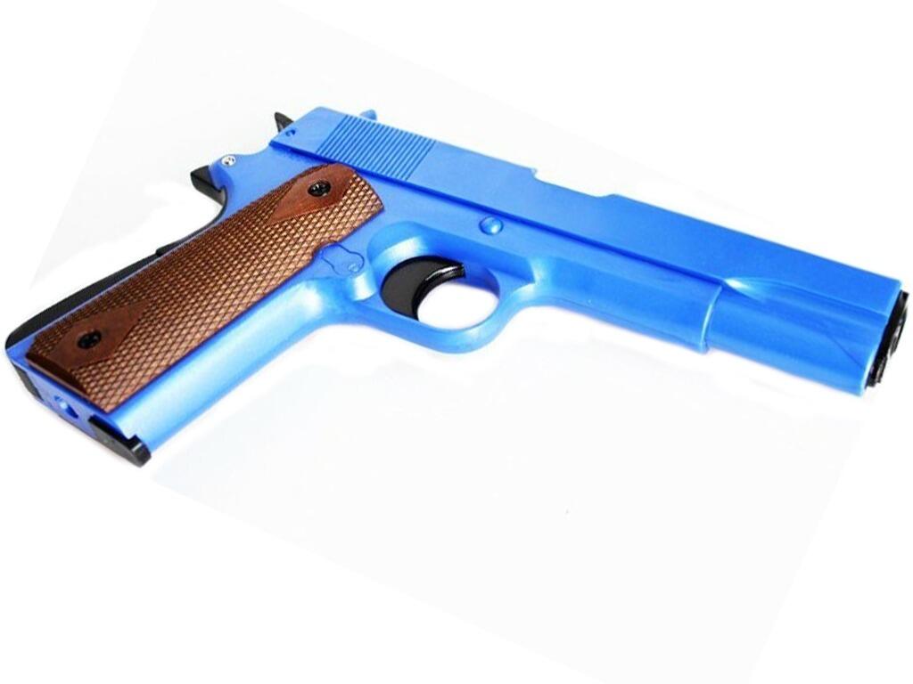 HG 121 gas BB pellet gun Colt 1911 pistol airsoft replica blue main body and slide underside and right side view on white background