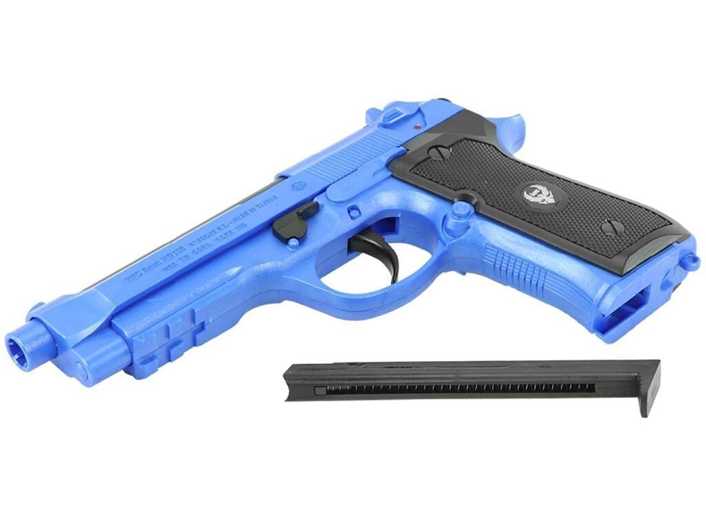 Beretta M92 tactical pistol replica HG126 gas airsoft bb pellet gun blue main body and slide black grips front underside and left side view with magazine out on white background