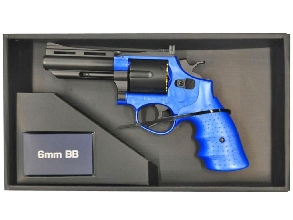 Colt Python 6 shot revolver pistol replica HG132 gas airsoft bb pellet gun blue main body black barrel & chamber left side view with inside retail packaging on white background