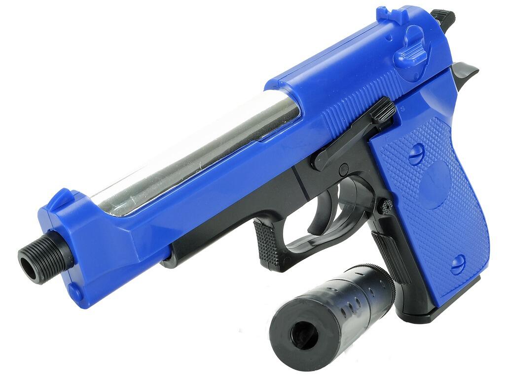 M22 BB gun Beretta M9 replica spring airsoft pistol black and blue 2 tone colours front top and left side view with mock silencer not attached on white background