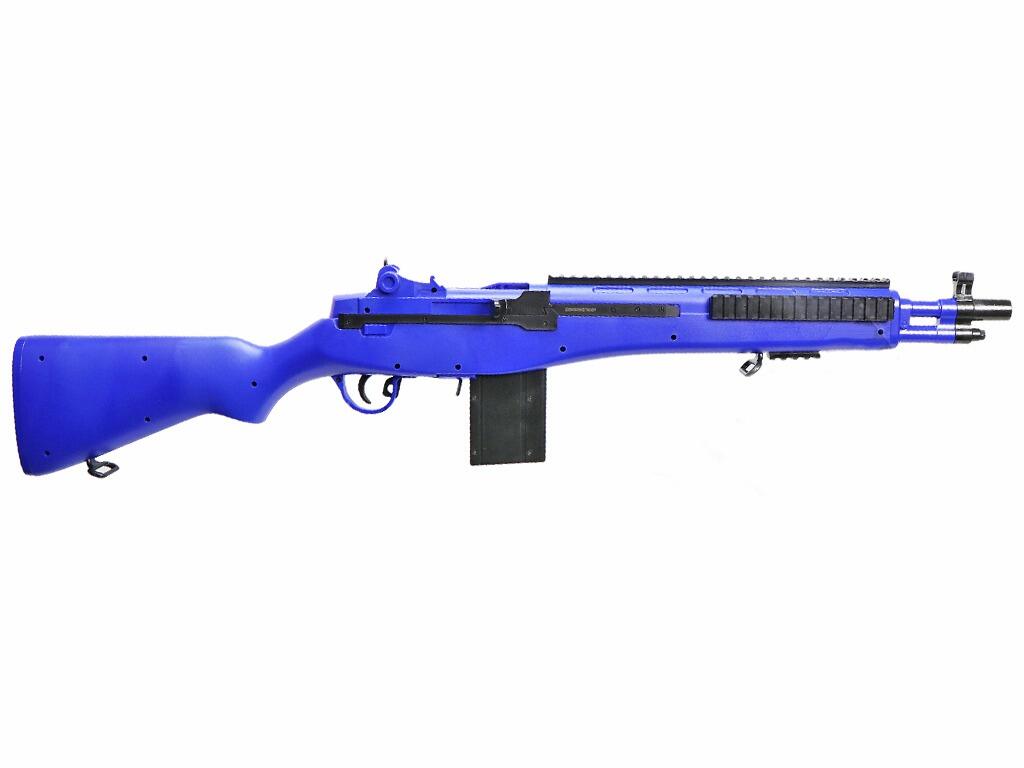 M305 BB pellet gun spring airsoft M14 assault rifle replica 2 tone black and blue colour right side view on white background