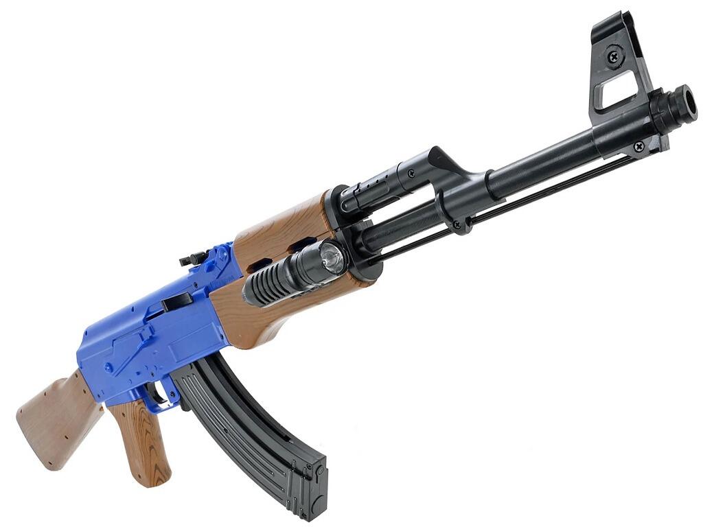 Cyma P47 BB pellet gun Kalashnikov AK47replica spring airsoft rifle 2 tone blue black colours faux wood surround grip and stock barrel end and right side view on white background