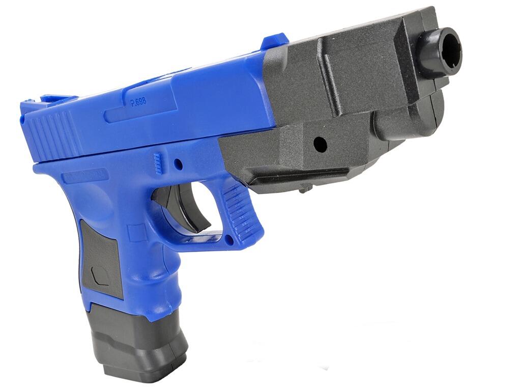 Cyma P698+ BB pellet gun Glock G33 replica spring airsoft pistol 2 tone blue and black colours barrel end and right side view on white background