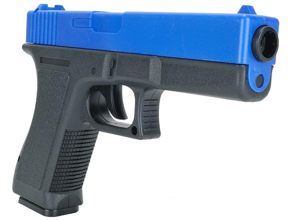 Vigor V307 BB pellet gun glock g17 replica spring airsoft pistol toy 2 tone black blue colours barrel end and right side view on white background