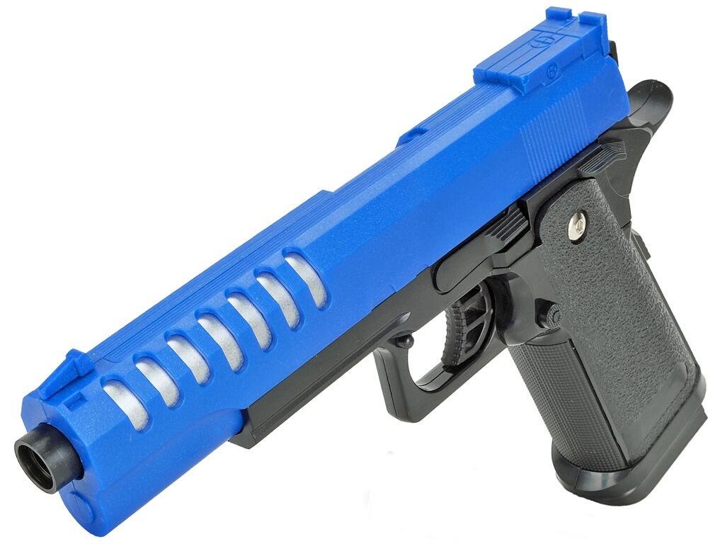Vigor V302 BB pellet gun Colt M1911 replica spring airsoft pistol 2 tone blue and black colours barrel end top and left side view on white background