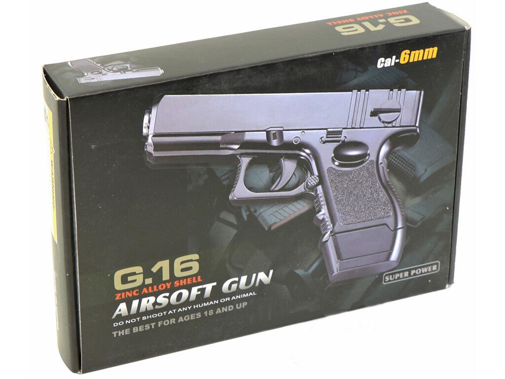 Galaxy G16 bb pellet gun Glock G18 replica compact spring airsoft pistol retail box packaging on white background