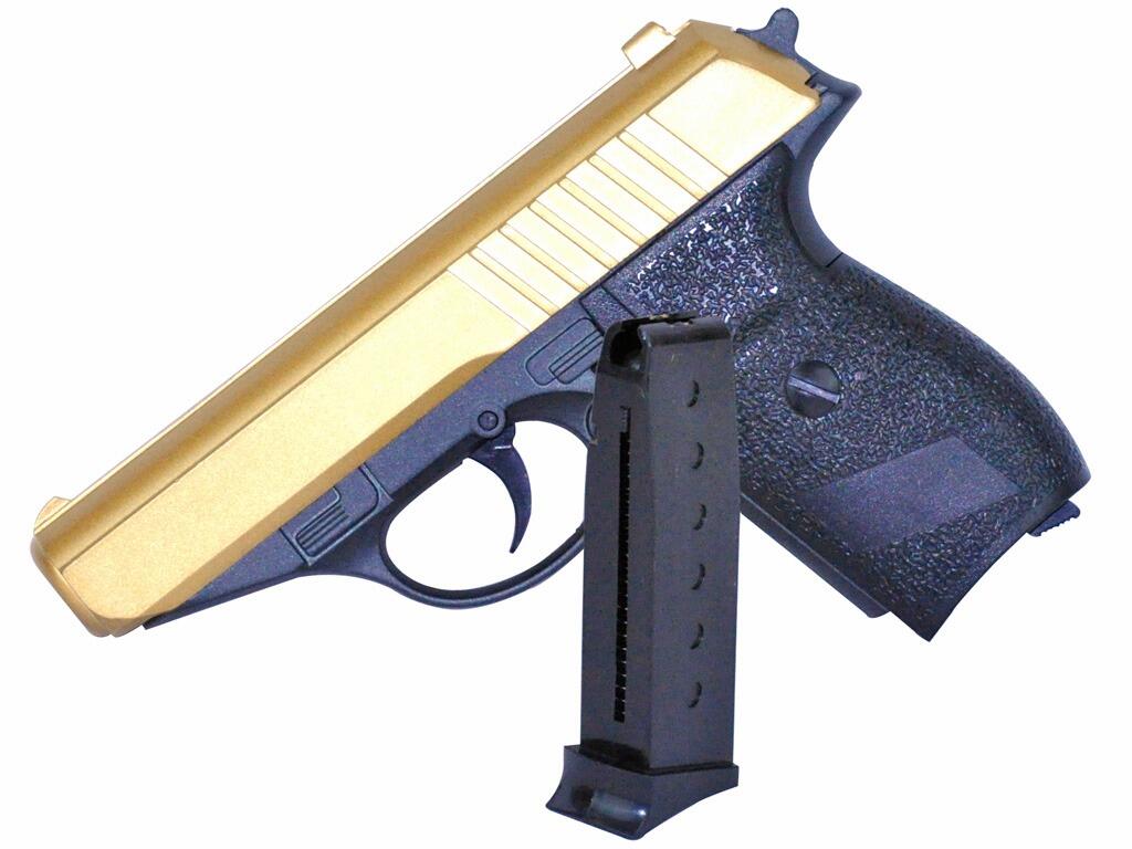 Galaxy G3 bb pellet gun Walther PPK replica compact spring airsoft pistol black and gold 2 tone colours left side view with magazine clip out on white background