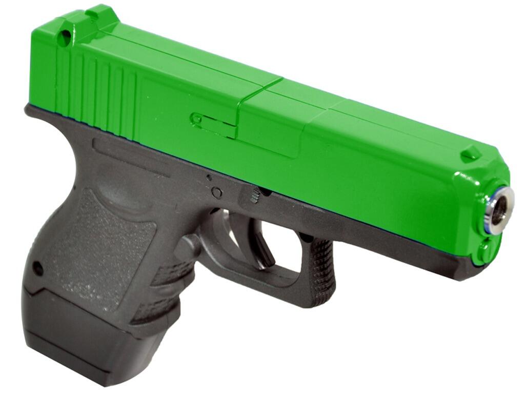 Galaxy G16 bb pellet gun Glock G18 replica compact spring airsoft pistol black and green 2 tone colours front top and right side view on white background