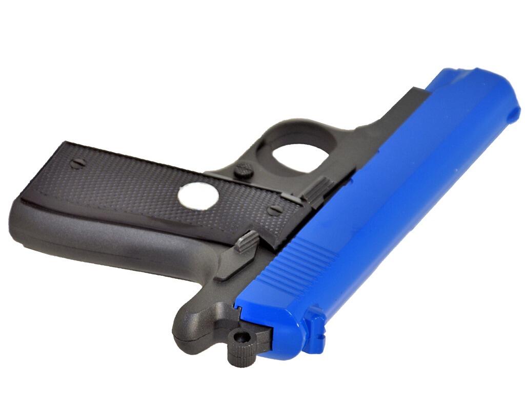 Galaxy G2 bb pellet gun Colt 1911 commander replica compact spring airsoft pistol 2 tone black and blue 2 colours rear top left side view on white background
