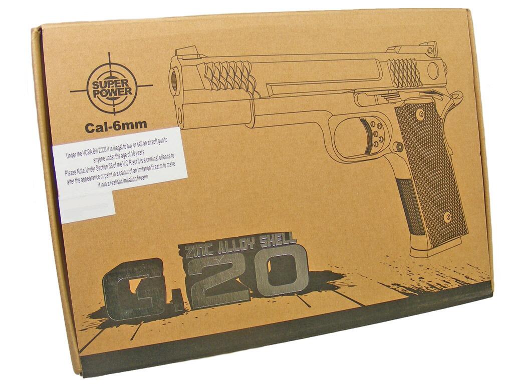 Galaxy G20 BB pellet gun spring airsoft Smith & Wesson M945 pistol replica retail box packaging on white background