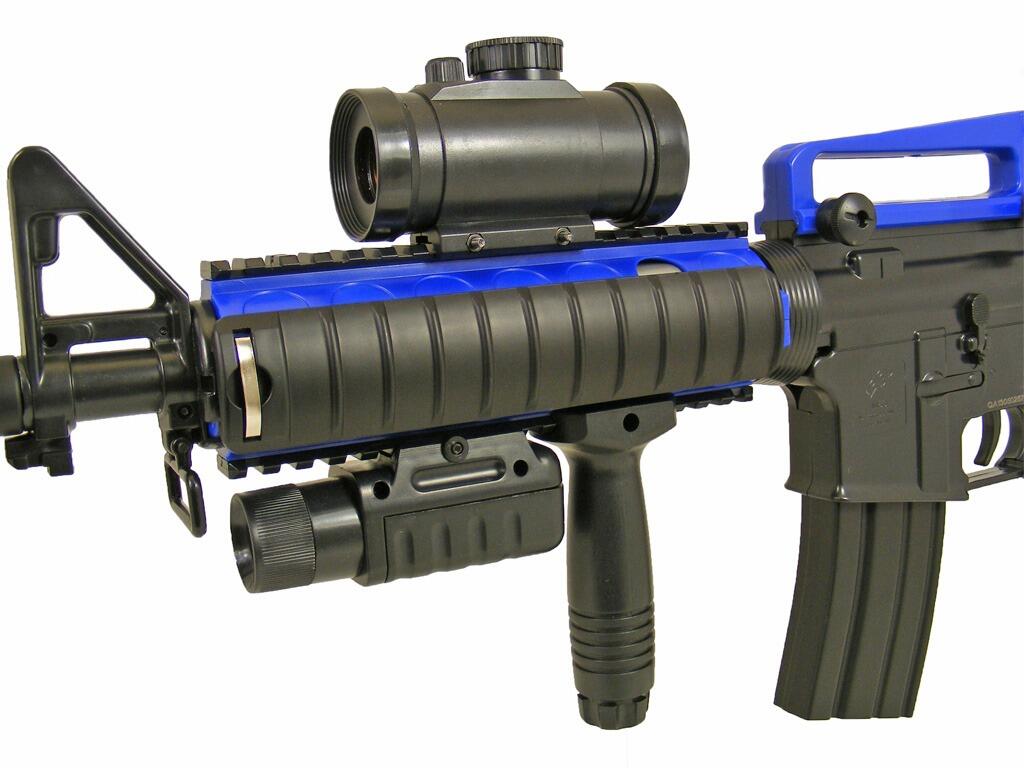 DE M83 BB pellet gun replica M4 carbine electric airsoft assault rifle blue and black 2 tone colours left front side section view on white background