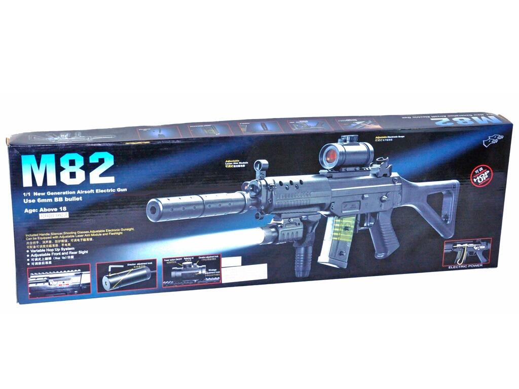 DE M82 BB pellet gun Sig SG 552 replica electric airsoft assault rifle retail box packaging on white background