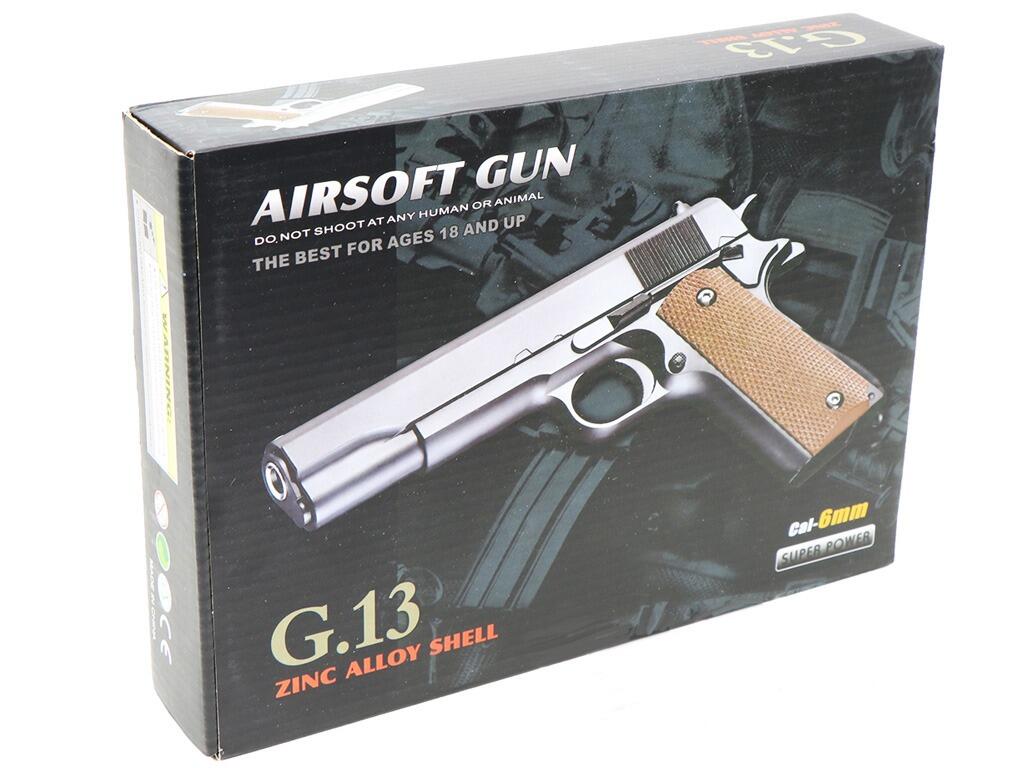 Galaxy G13 BB pellet gun spring airsoft Colt 1911 pistol replica retail box packaging front view and side on white background