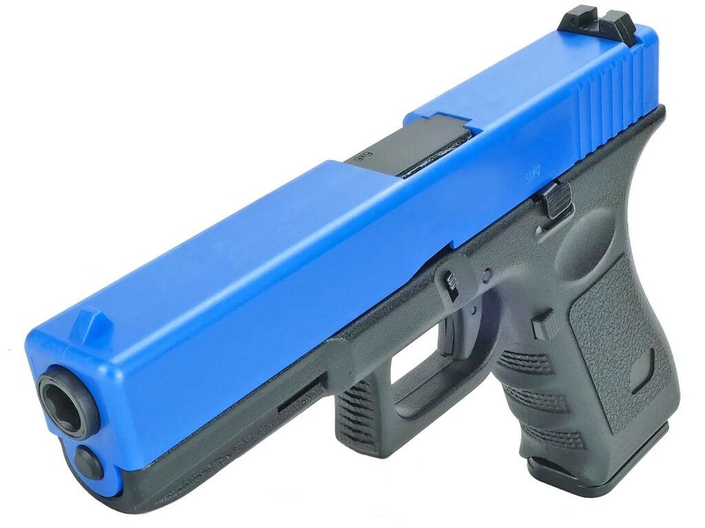 HFC HG185 sport line BB pellet gun Glock G17 replica gas airsoft pistol replica black main body blue top slide top front and left side view on white background