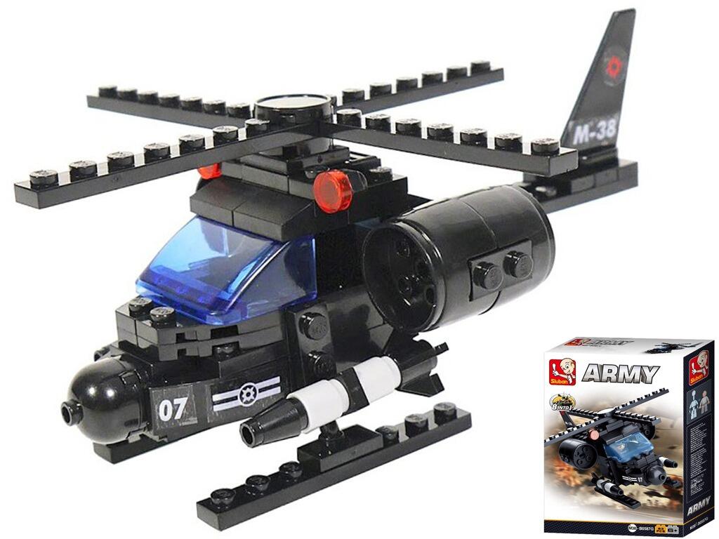 Interlocking block toy army helicopter military aircraft black colour top and left side view with retail packaging on white back ground M38-B0587G