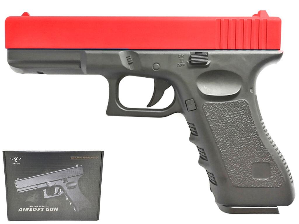 Vigor V20 BB pellet gun Glock G17 replica spring airsoft pistol black main body red slide left side view with retail packaging box on white background