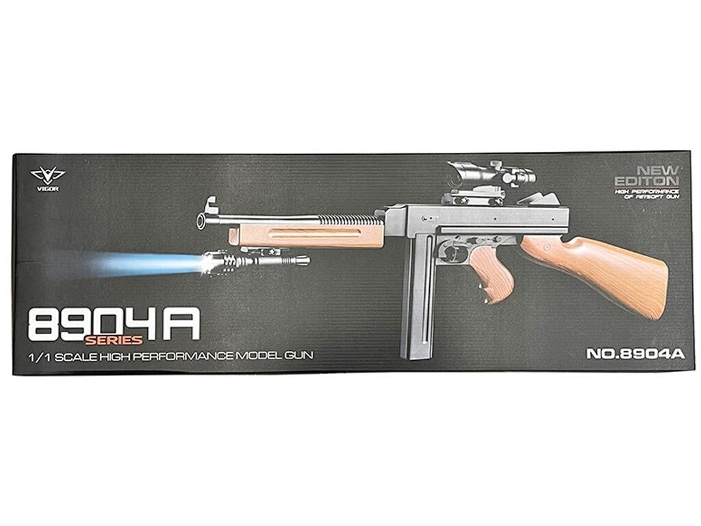Vigor 8904A BB pellet gun Thompson M1A1 submachine gun replica spring airsoft rifle retail packaging front panel view on white background
