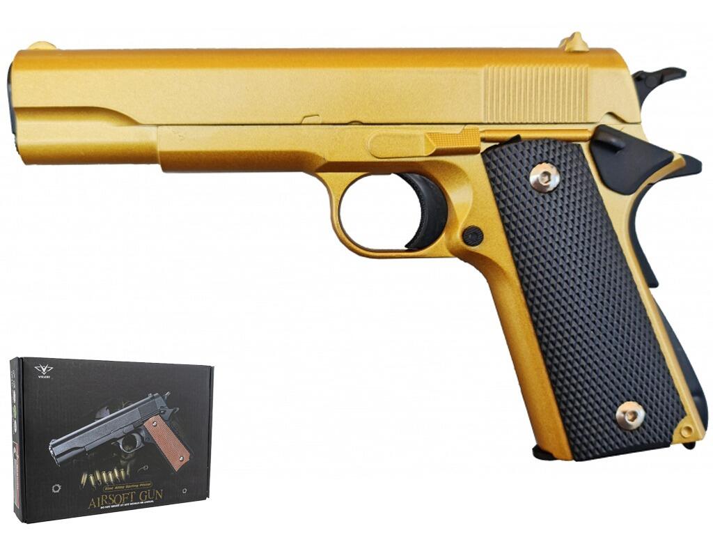 Vigor V14 BB pellet gun Colt 1911 replica spring airsoft pistol gold and black 2 tone colours left side view with retail packaging on white background