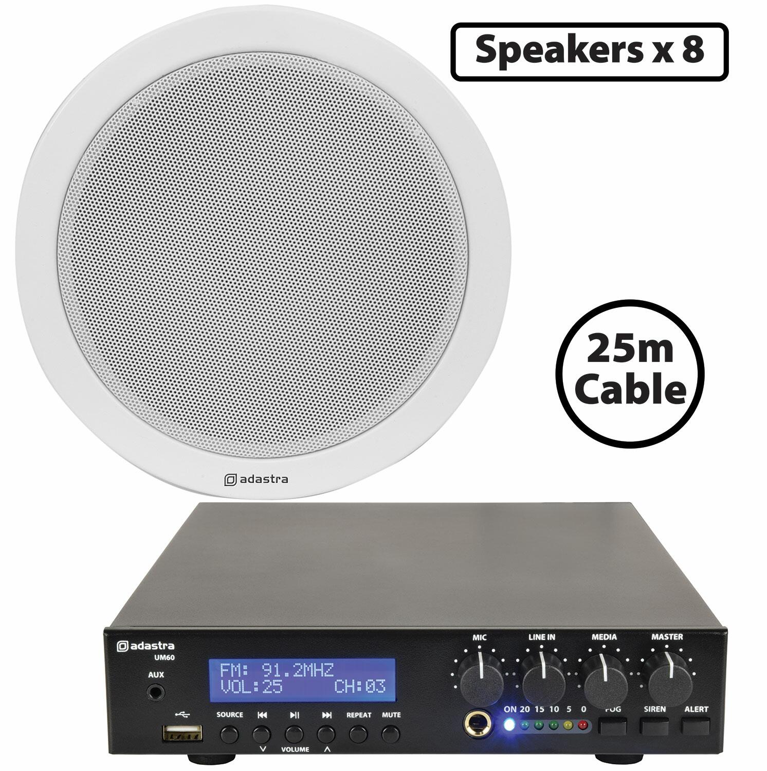 Adastra Music System, 8 x 6w Ceiling Speaker PA with 60W BT/USB Amplifier - 300.011UK