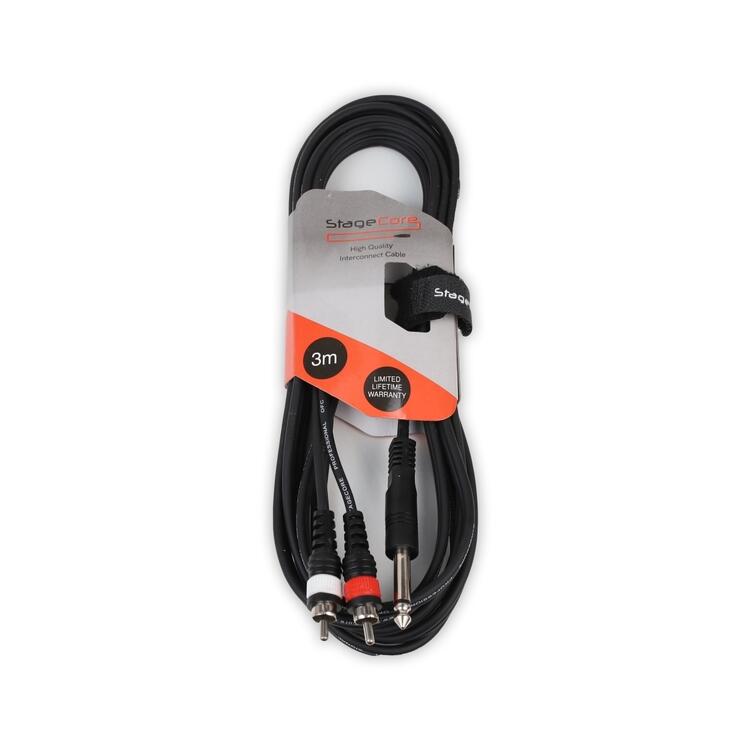 StageCore 6.3mm Mono Jack Plug - 2x RCA Plugs, Professional Audio Signal Cable BLACK - (90415)